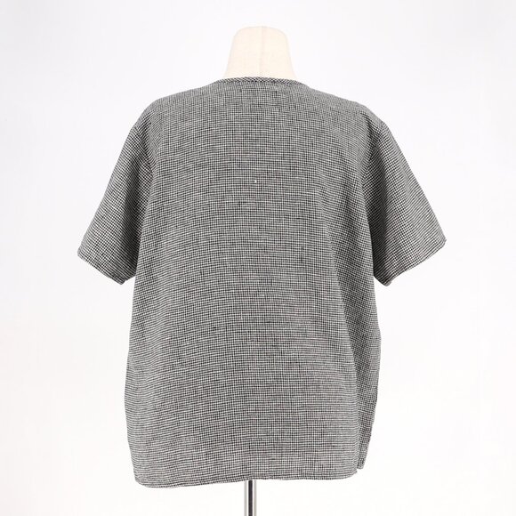 FLAX 100% Linen Gingham Micro-Check Short Sleeve Top Black/White Size M - Picture 4 of 6